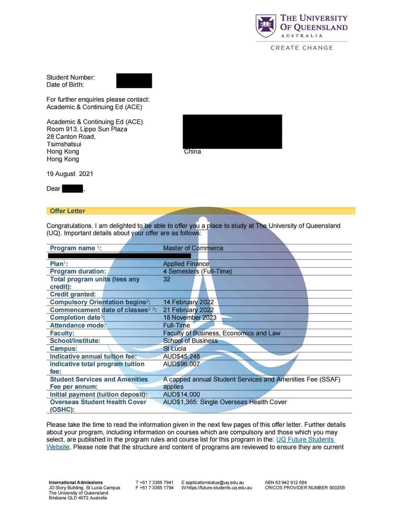 昆士蘭大學Offer